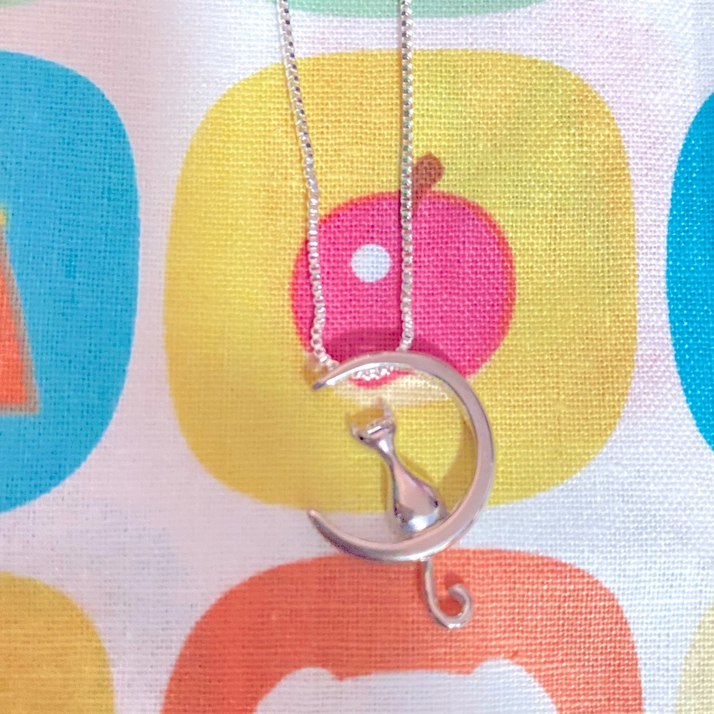 Crescent Moon Cat Sterling Silver Pendant Necklace